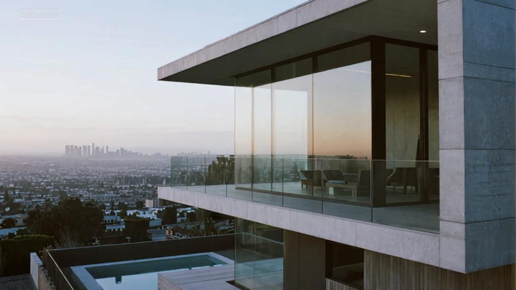 Modern hillside home at dusk overlooking the Los Angeles basin
